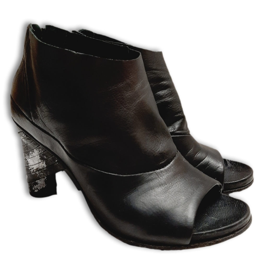 AS98 Italy Elegant Peep-Toe Ankle Boots Wrapped Heel Leather Black Sz 6.5 / 37